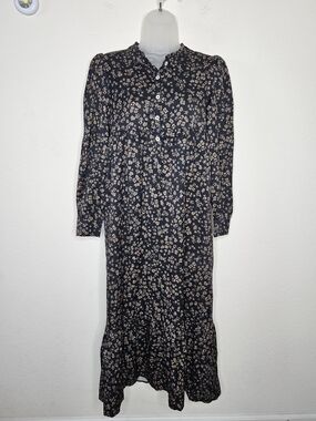 Greylin Floral Midi Dress Size Small Black Long Sleeve Button Front Boho Cottage